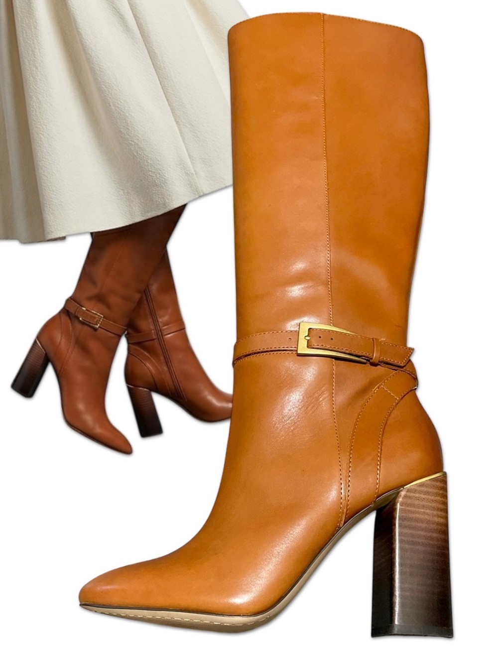 Vince Camuto Joanel Whiskey Leather Square Toe Buckle Knee High Block Heel Boot